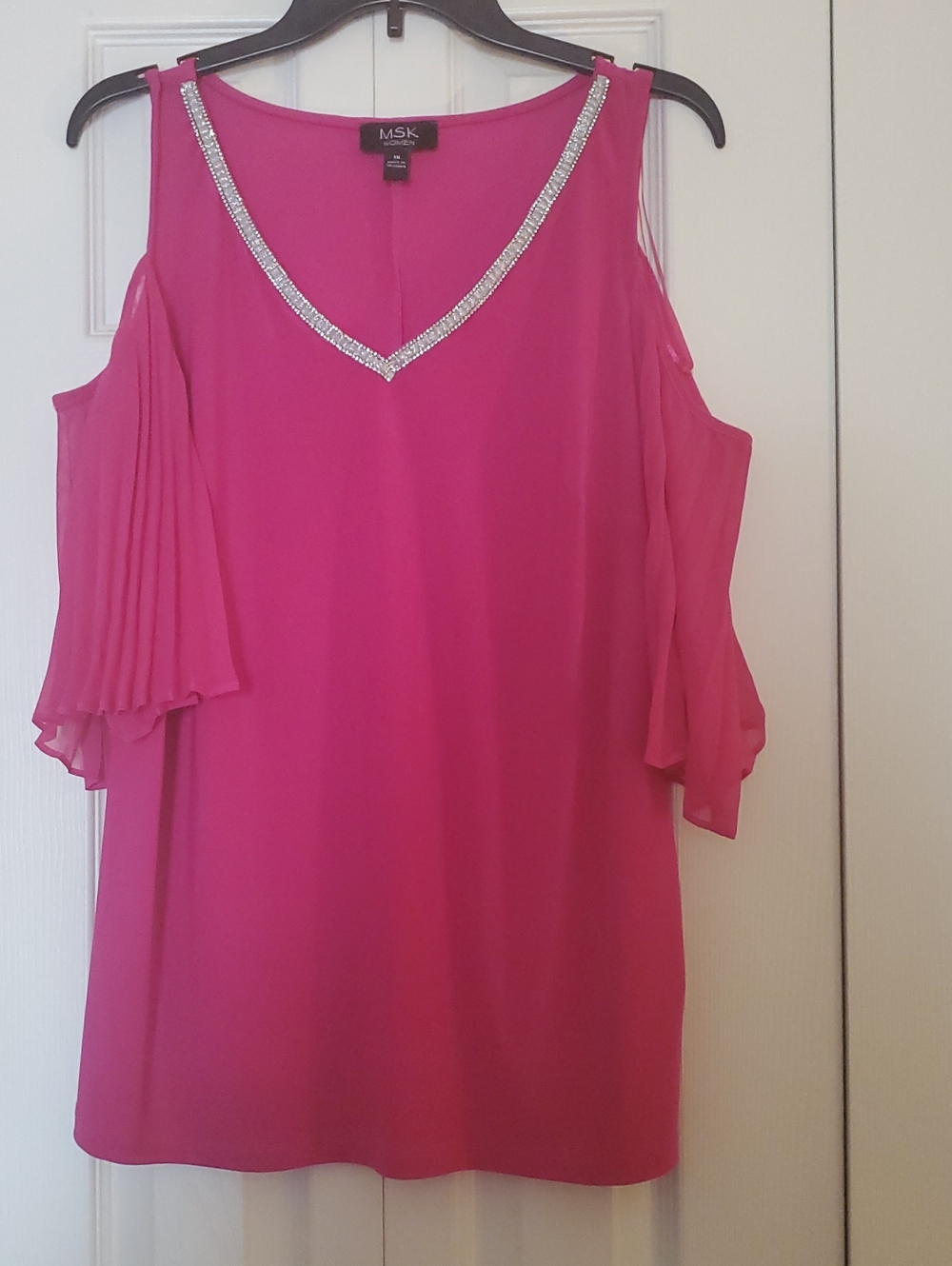 MSK Hot Pink Cold-Shoulder Tunic with Rhinestone V-Neck
